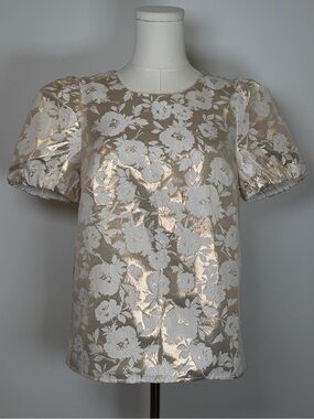 New! J.Crew Jacquard Puff-Sleeve Top Ivory & Gold Metallic Floral Women’s XS